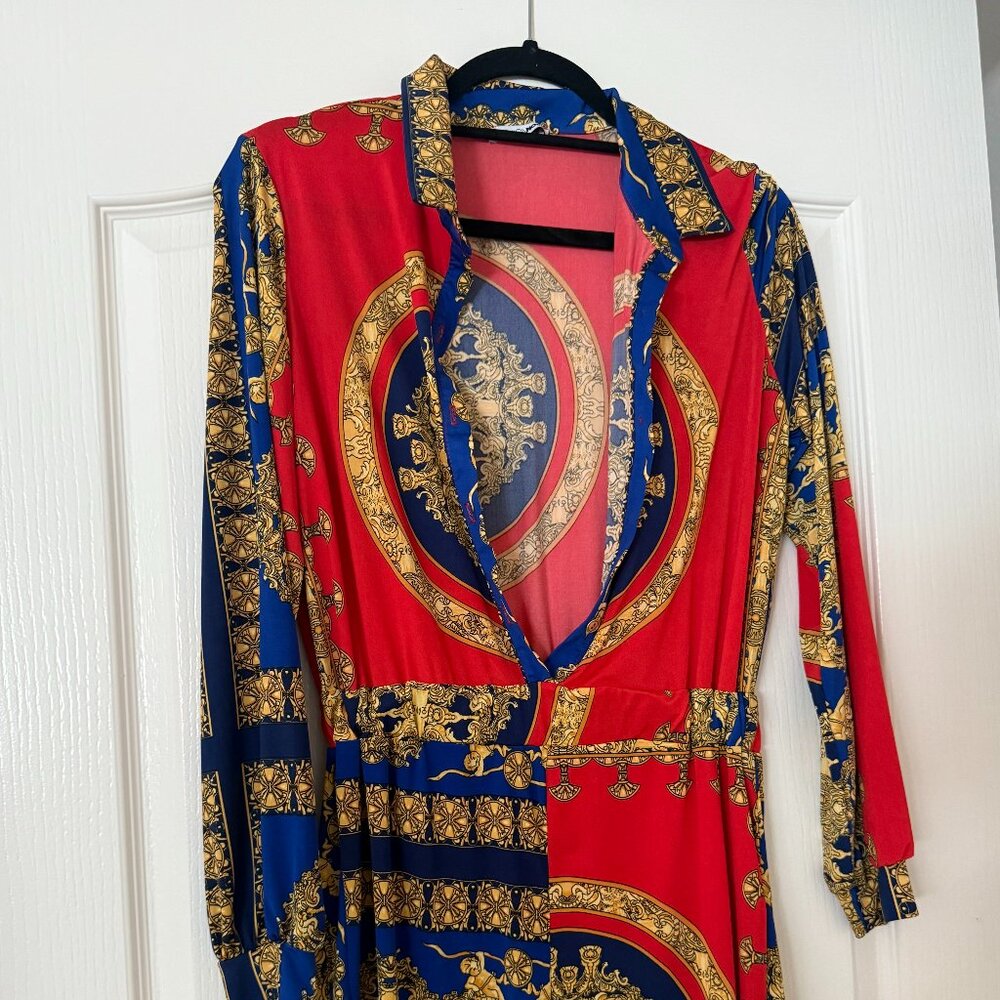Baroque Print Deep V Blouse – Red & Royal Blue Gold Chain Pattern